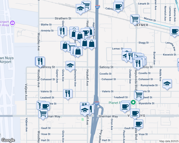 map of restaurants, bars, coffee shops, grocery stores, and more near 7524 Haskell Avenue in Los Angeles
