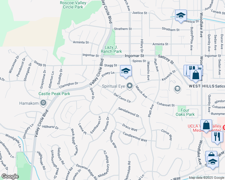 map of restaurants, bars, coffee shops, grocery stores, and more near 23846 Del Cerro Circle in Los Angeles