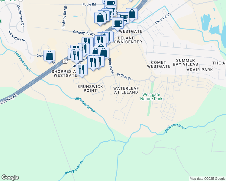 map of restaurants, bars, coffee shops, grocery stores, and more near 9200 Ocean Gate Plaza in Leland