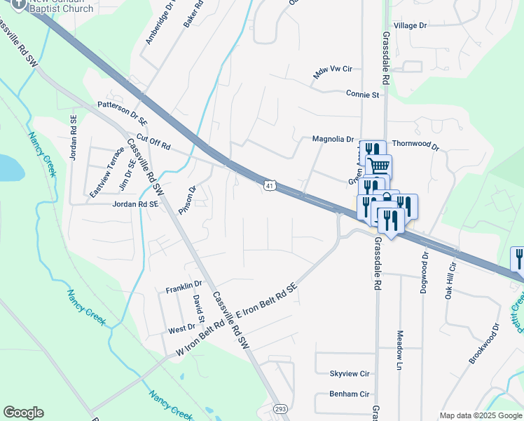 map of restaurants, bars, coffee shops, grocery stores, and more near 112 Eastwood Drive in Cartersville