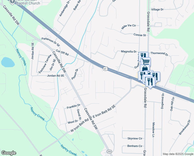map of restaurants, bars, coffee shops, grocery stores, and more near 111 Westwood Drive Southeast in Cartersville