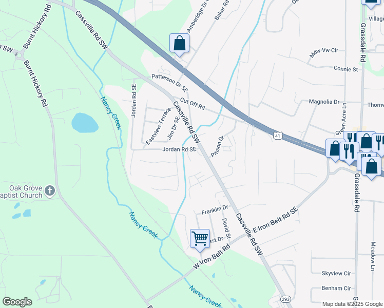 map of restaurants, bars, coffee shops, grocery stores, and more near 34 Crump Road Southeast in Cartersville