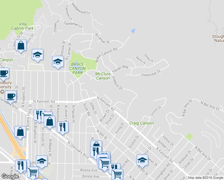map of restaurants, bars, coffee shops, grocery stores, and more near 2728 Kingsway Drive in Burbank