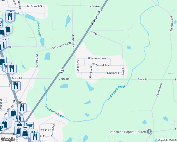 map of restaurants, bars, coffee shops, grocery stores, and more near 364 Laura Avenue in Boaz