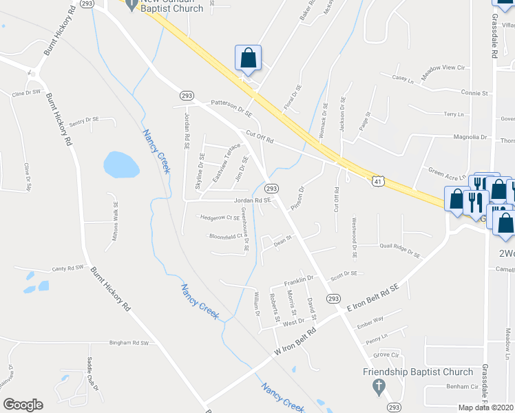 map of restaurants, bars, coffee shops, grocery stores, and more near 31 Jordan Road Southeast in Cartersville