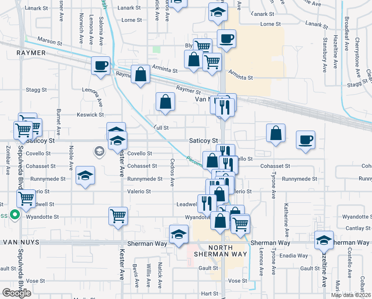 map of restaurants, bars, coffee shops, grocery stores, and more near 14630 Saticoy Street in Los Angeles