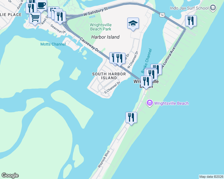 map of restaurants, bars, coffee shops, grocery stores, and more near 200 Lindy Lane in Wrightsville Beach