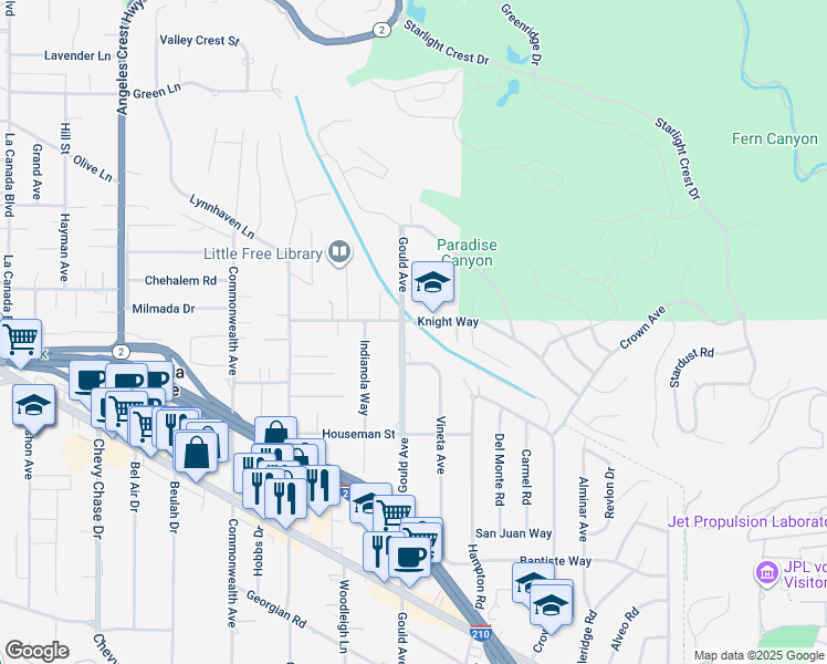 map of restaurants, bars, coffee shops, grocery stores, and more near 4938 Gould Avenue in La Cañada Flintridge