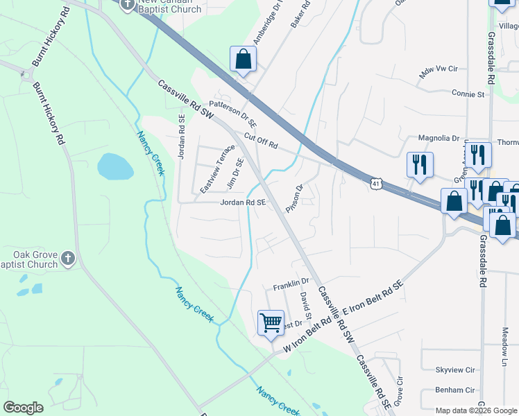 map of restaurants, bars, coffee shops, grocery stores, and more near 19 Jordan Road Southeast in Cartersville