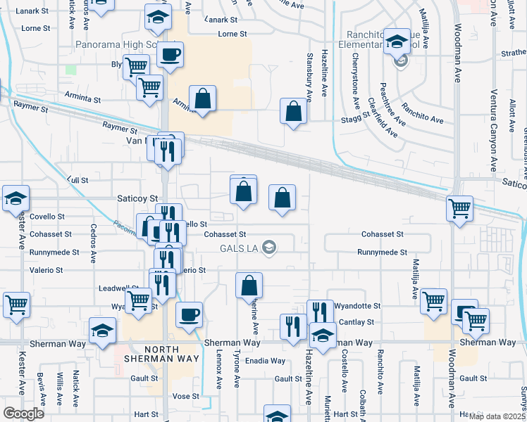 map of restaurants, bars, coffee shops, grocery stores, and more near 14221 Covello Street in Los Angeles