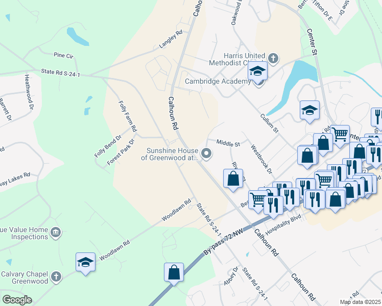 map of restaurants, bars, coffee shops, grocery stores, and more near 1713 Calhoun Road in Greenwood
