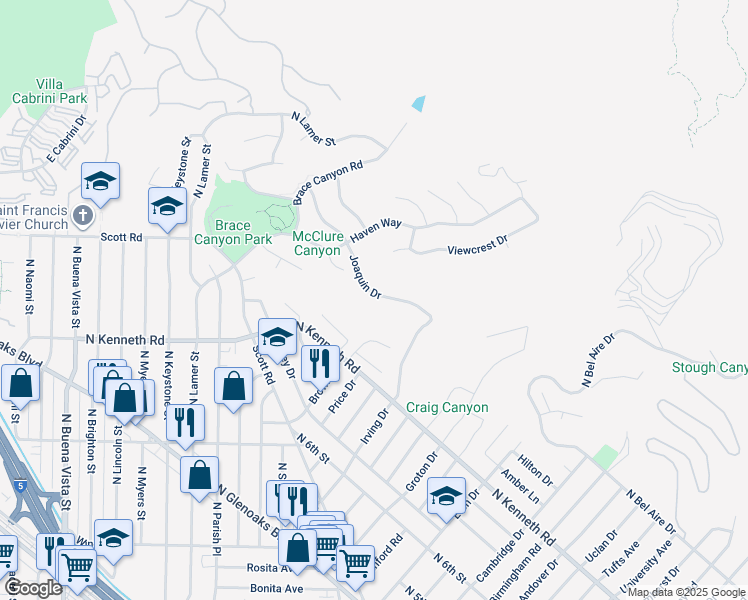 map of restaurants, bars, coffee shops, grocery stores, and more near 2715 Joaquin Drive in Burbank