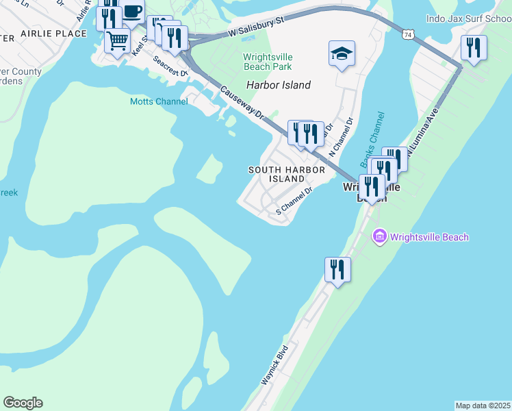 map of restaurants, bars, coffee shops, grocery stores, and more near 25 Shore Drive in Wrightsville Beach