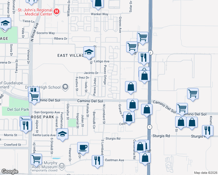 map of restaurants, bars, coffee shops, grocery stores, and more near 617 Paseo Tesoro in Oxnard
