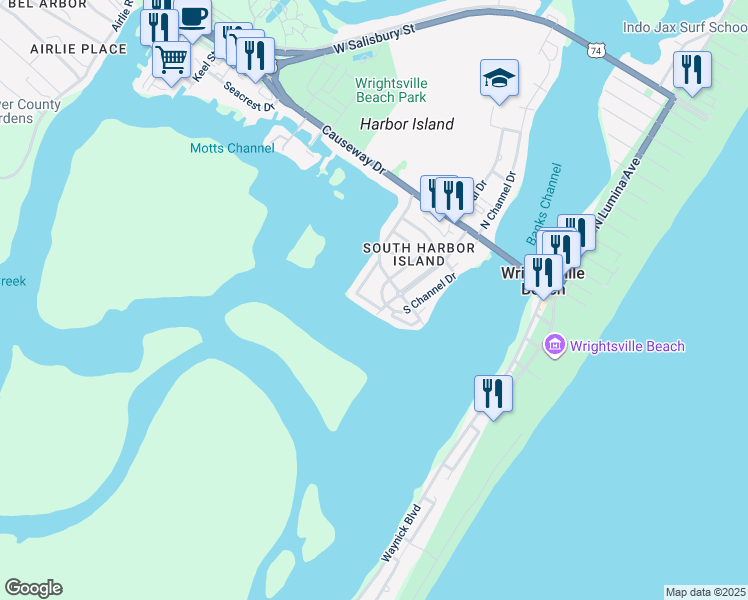 map of restaurants, bars, coffee shops, grocery stores, and more near 25 Shore Drive in Wrightsville Beach