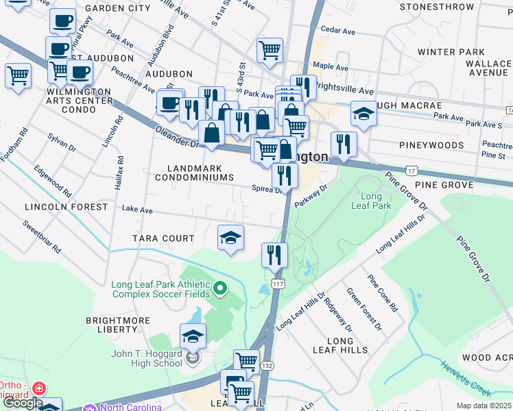 map of restaurants, bars, coffee shops, grocery stores, and more near 4411 Lake Avenue in Wilmington