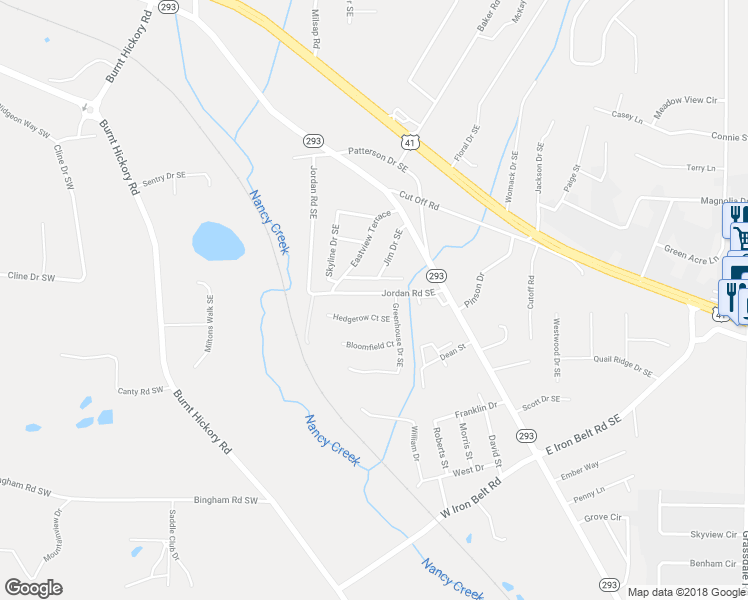 map of restaurants, bars, coffee shops, grocery stores, and more near 65 Jordan Road Southeast in Cartersville