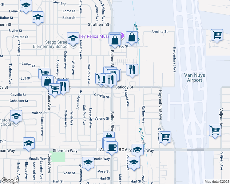 map of restaurants, bars, coffee shops, grocery stores, and more near 16901 Covello Street in Los Angeles