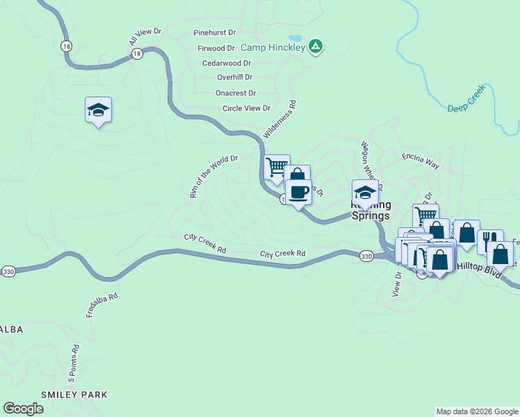 map of restaurants, bars, coffee shops, grocery stores, and more near 2567 Sunset Drive in Running Springs