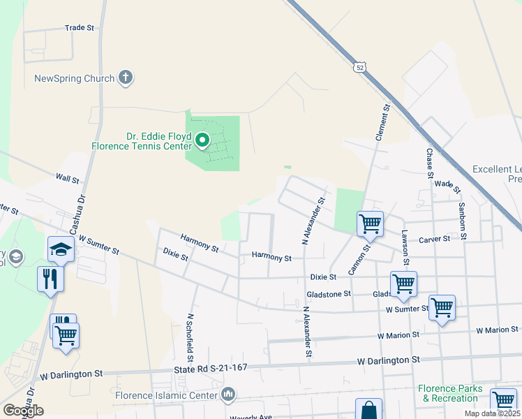 map of restaurants, bars, coffee shops, grocery stores, and more near 727 Cumberland Drive in Florence