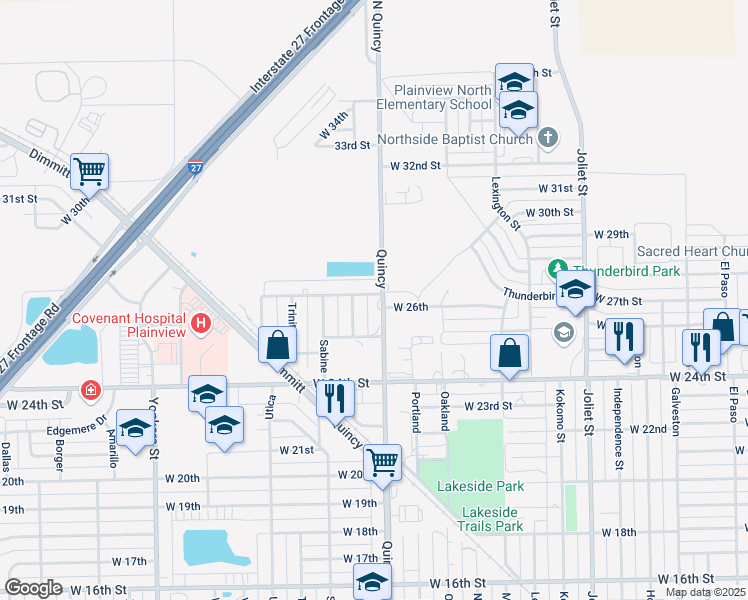 map of restaurants, bars, coffee shops, grocery stores, and more near 2511 Quincy in Plainview