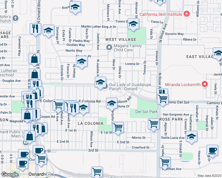 map of restaurants, bars, coffee shops, grocery stores, and more near 501 Miguel Lane in Oxnard