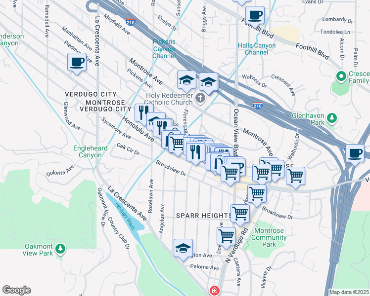 map of restaurants, bars, coffee shops, grocery stores, and more near 2465 Honolulu Avenue in Glendale