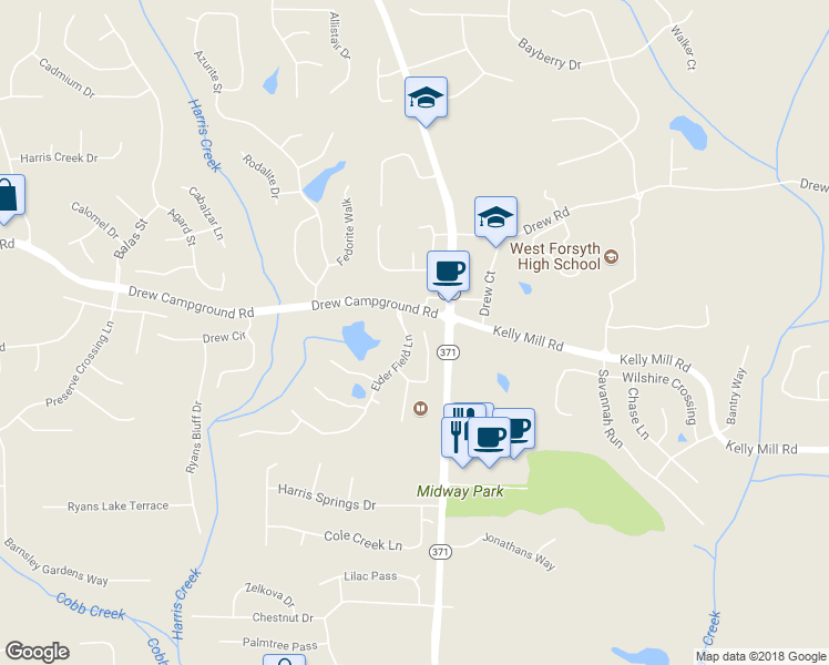 map of restaurants, bars, coffee shops, grocery stores, and more near 3695 Moor Pointe Drive in Cumming