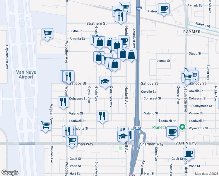 map of restaurants, bars, coffee shops, grocery stores, and more near 15800 Saticoy Street in Los Angeles