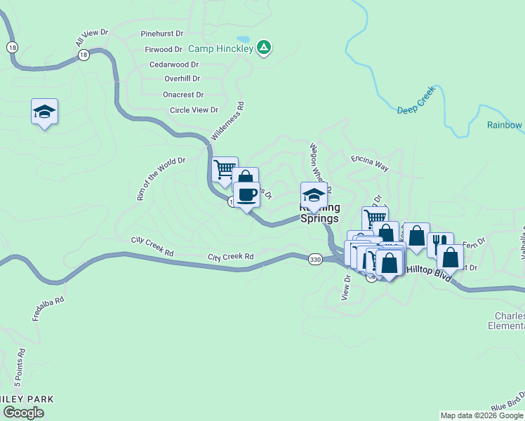 map of restaurants, bars, coffee shops, grocery stores, and more near 31671 Silver Spruce Drive in Running Springs