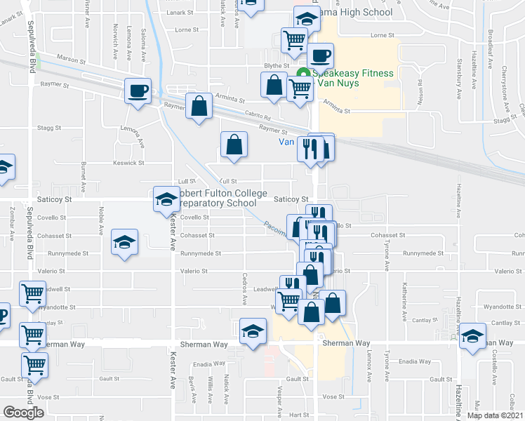 map of restaurants, bars, coffee shops, grocery stores, and more near 14630 Saticoy Street in Los Angeles