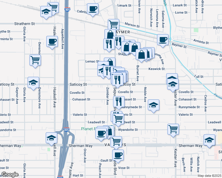 map of restaurants, bars, coffee shops, grocery stores, and more near 7550 Zombar Avenue in Los Angeles