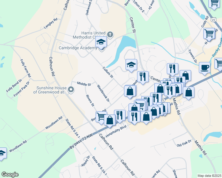 map of restaurants, bars, coffee shops, grocery stores, and more near 120 Leslie Drive in Greenwood