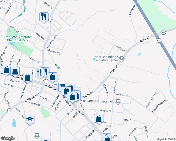 map of restaurants, bars, coffee shops, grocery stores, and more near 203 Baugh Street in Commerce