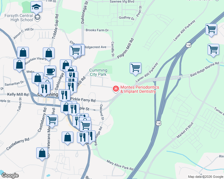 map of restaurants, bars, coffee shops, grocery stores, and more near 213 Denson Drive in Cumming
