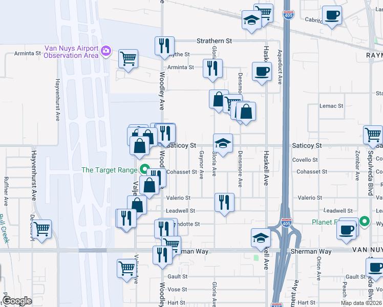 map of restaurants, bars, coffee shops, grocery stores, and more near 7542 Gaviota Avenue in Los Angeles