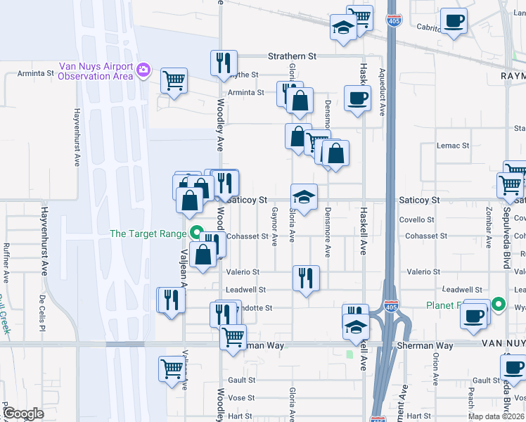 map of restaurants, bars, coffee shops, grocery stores, and more near 7542 Gaviota Avenue in Los Angeles