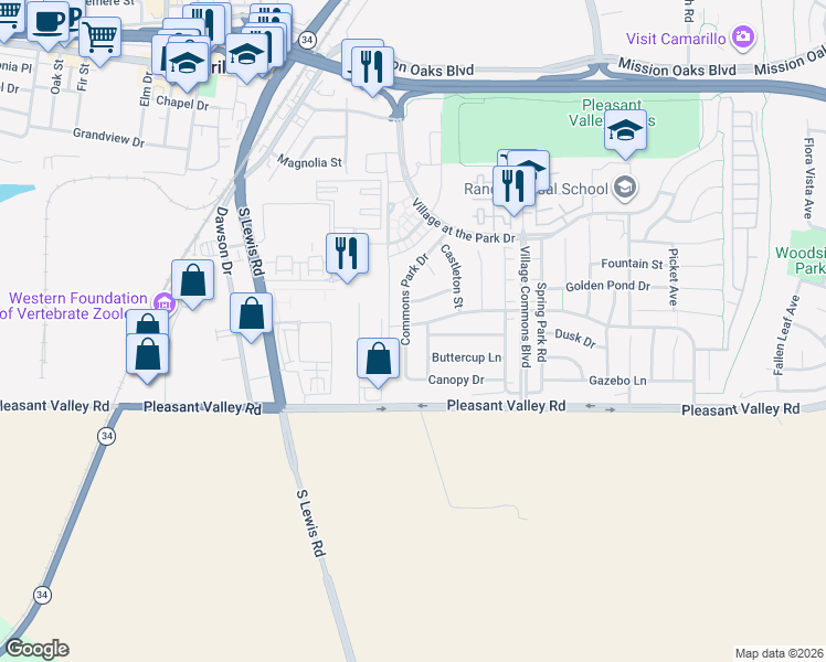 map of restaurants, bars, coffee shops, grocery stores, and more near 476 Commons Park Drive in Camarillo
