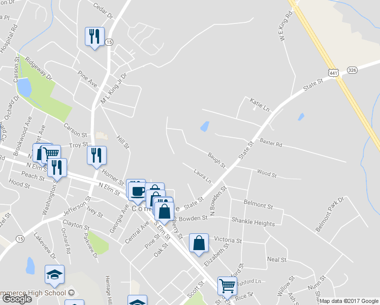 map of restaurants, bars, coffee shops, grocery stores, and more near 203 Baugh Street in Commerce