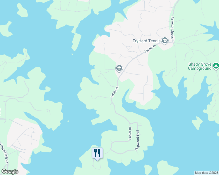 map of restaurants, bars, coffee shops, grocery stores, and more near 7730 Lanier Drive in Cumming