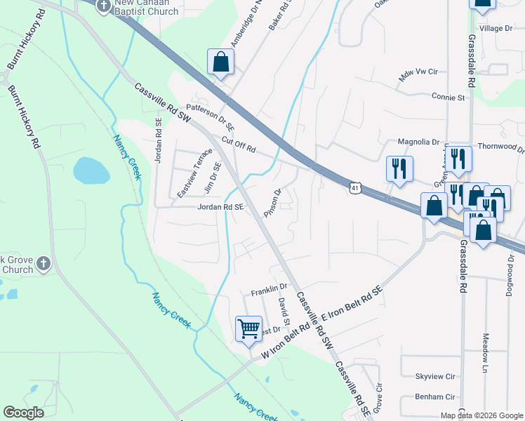 map of restaurants, bars, coffee shops, grocery stores, and more near in Bartow County