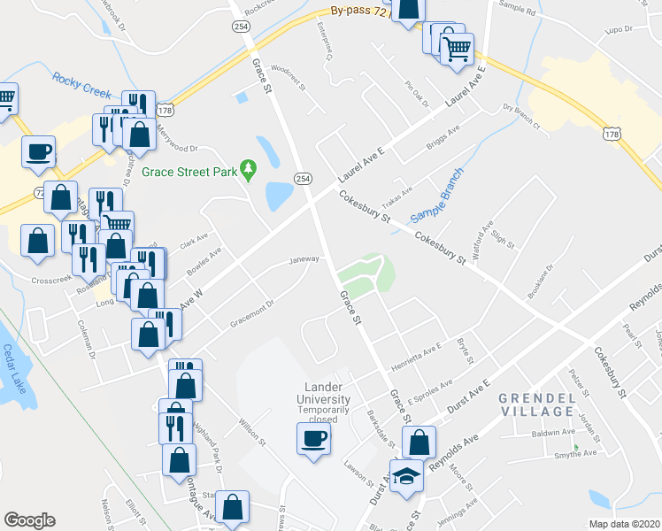 map of restaurants, bars, coffee shops, grocery stores, and more near 862 Grace Street in Greenwood