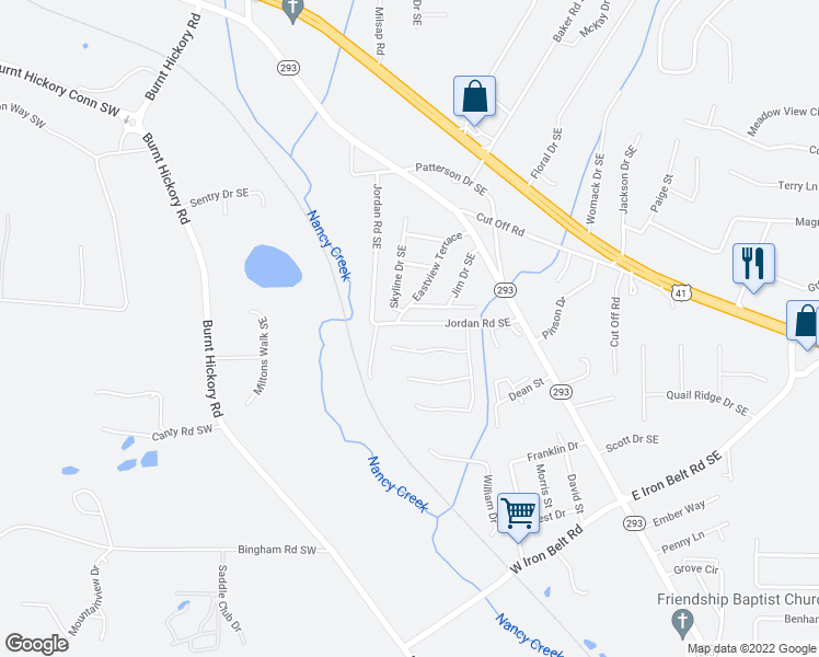 map of restaurants, bars, coffee shops, grocery stores, and more near 73 Jordan Road Southeast in Cartersville