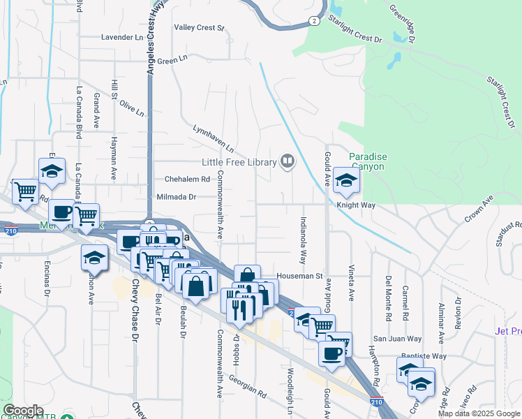map of restaurants, bars, coffee shops, grocery stores, and more near 640 Knight Way in La Cañada Flintridge