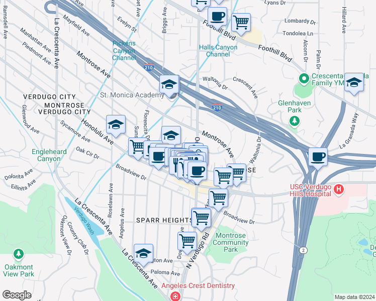 map of restaurants, bars, coffee shops, grocery stores, and more near 2316 Miravista Avenue in La Crescenta-Montrose