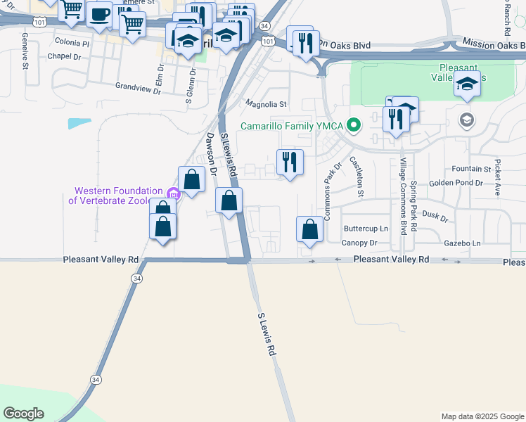 map of restaurants, bars, coffee shops, grocery stores, and more near 2857 Calle Descanso in Camarillo