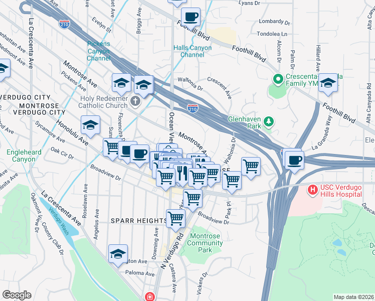 map of restaurants, bars, coffee shops, grocery stores, and more near 2227 Miravista Avenue in La Crescenta-Montrose