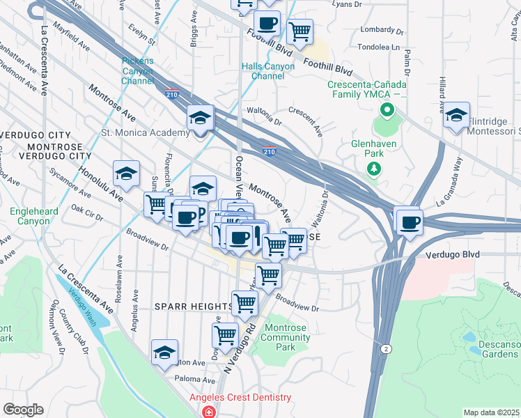 map of restaurants, bars, coffee shops, grocery stores, and more near 2227 Miravista Avenue in La Crescenta-Montrose