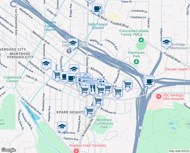 map of restaurants, bars, coffee shops, grocery stores, and more near 2227 Miravista Avenue in La Crescenta-Montrose