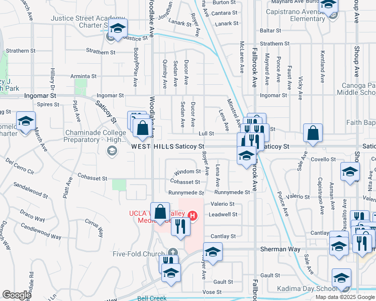 map of restaurants, bars, coffee shops, grocery stores, and more near 23040 Saticoy Street in Los Angeles